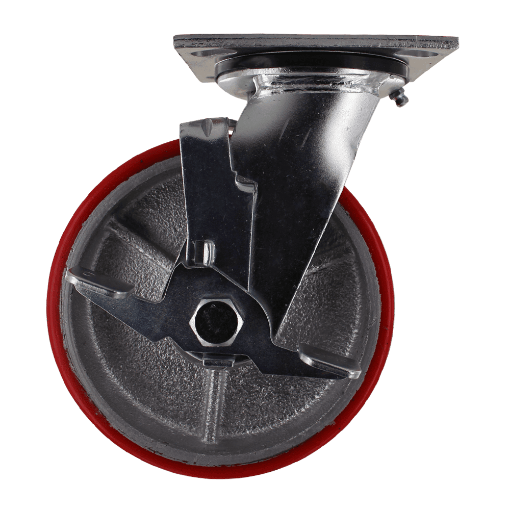 Industrial caster wheel with red polyurethane tread and metal mounting plate.