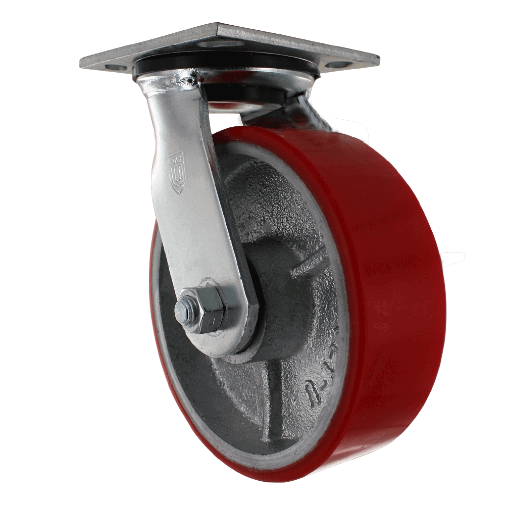Quality red polyurethane caster wheel with durable metal mounting plate.