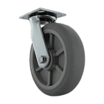 Industrial caster wheel with durable gray rubber tire and metal mounting plate. Suitable for heavy e.