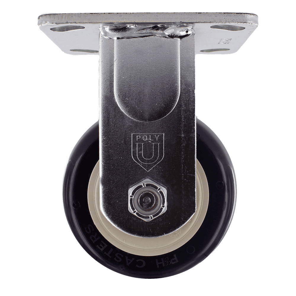 Polyurethane caster wheel with metal mounting plate for heavy-duty applications.
