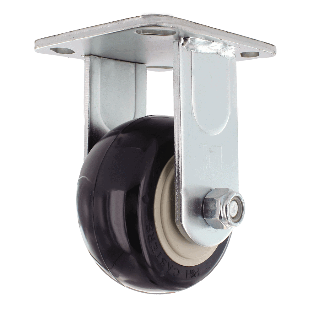 Industrial caster wheel with metal mounting plate and durable rubber tire.