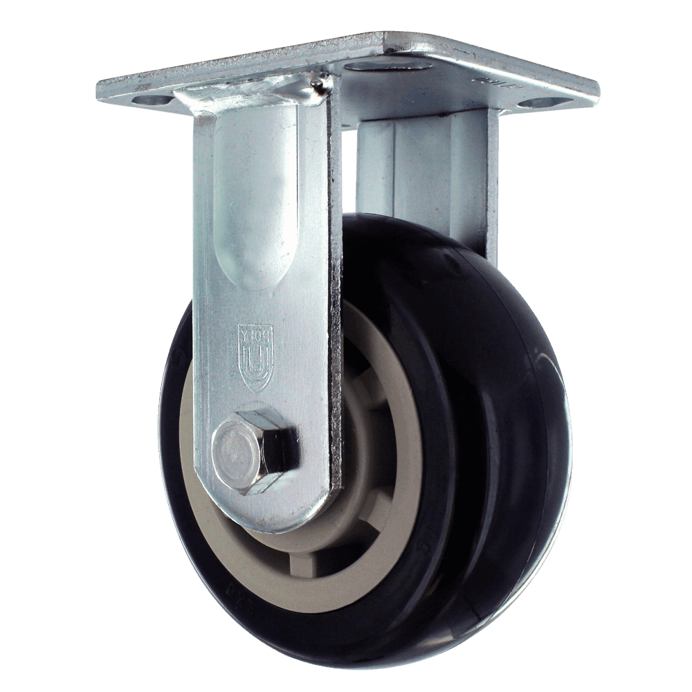 Quality industrial caster wheel with durable metal mounting plate and smooth-rolling rubber wheel.