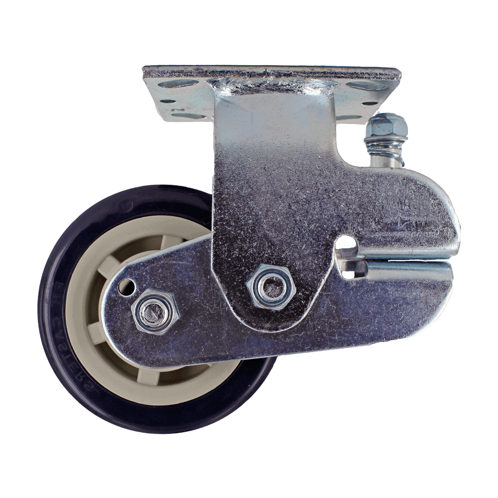 Industrial caster wheel with sturdy metal frame and durable rubber tire.