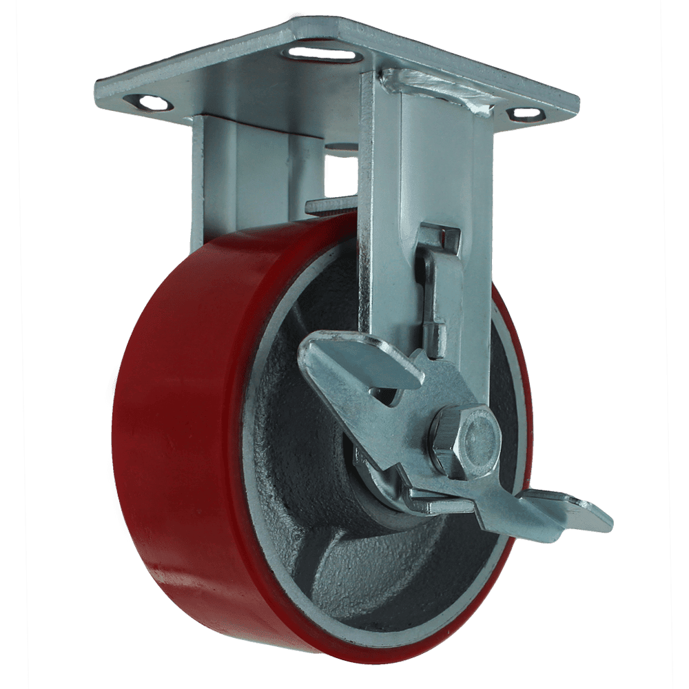 Industrial caster wheel with red polyurethane tread and metal mounting plate.