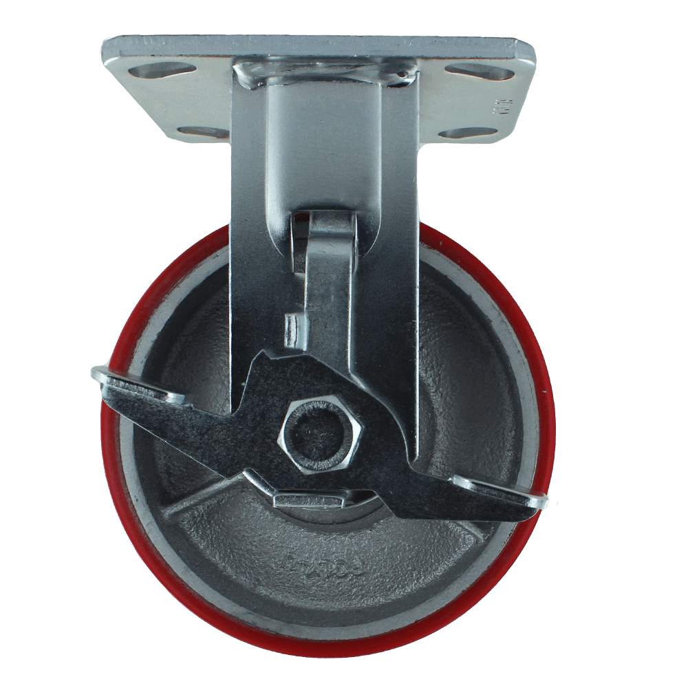 Industrial caster wheel with metal mounting plate and red rubber tire for smooth mobility.