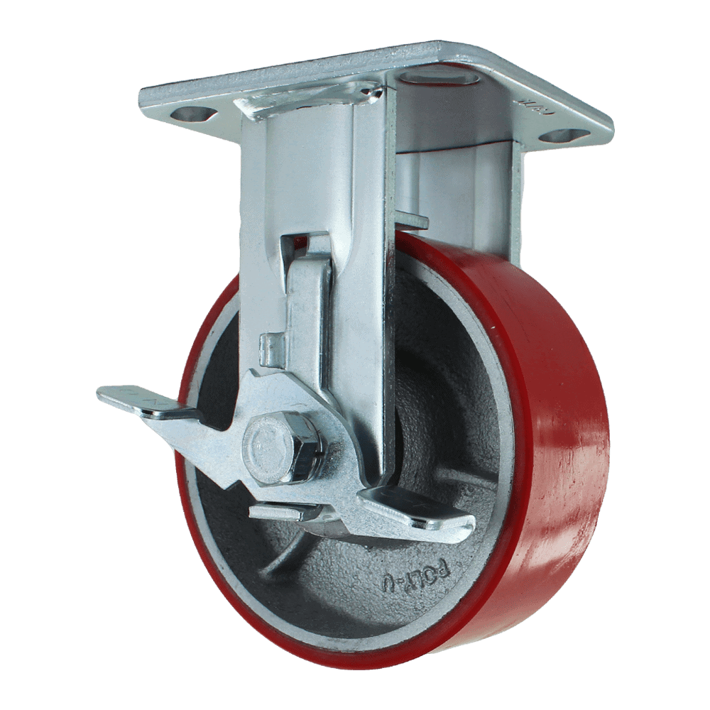 Heavy duty red caster wheel with metal mounting plate for industrial equipment. Durable and reliable.