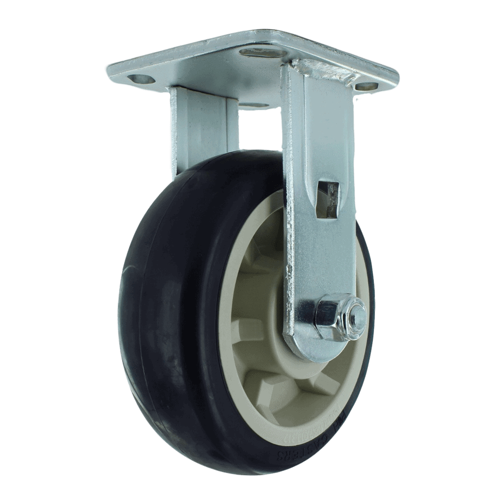 Heavy duty caster wheel with durable rubber tire and metal mounting plate for industrial application.