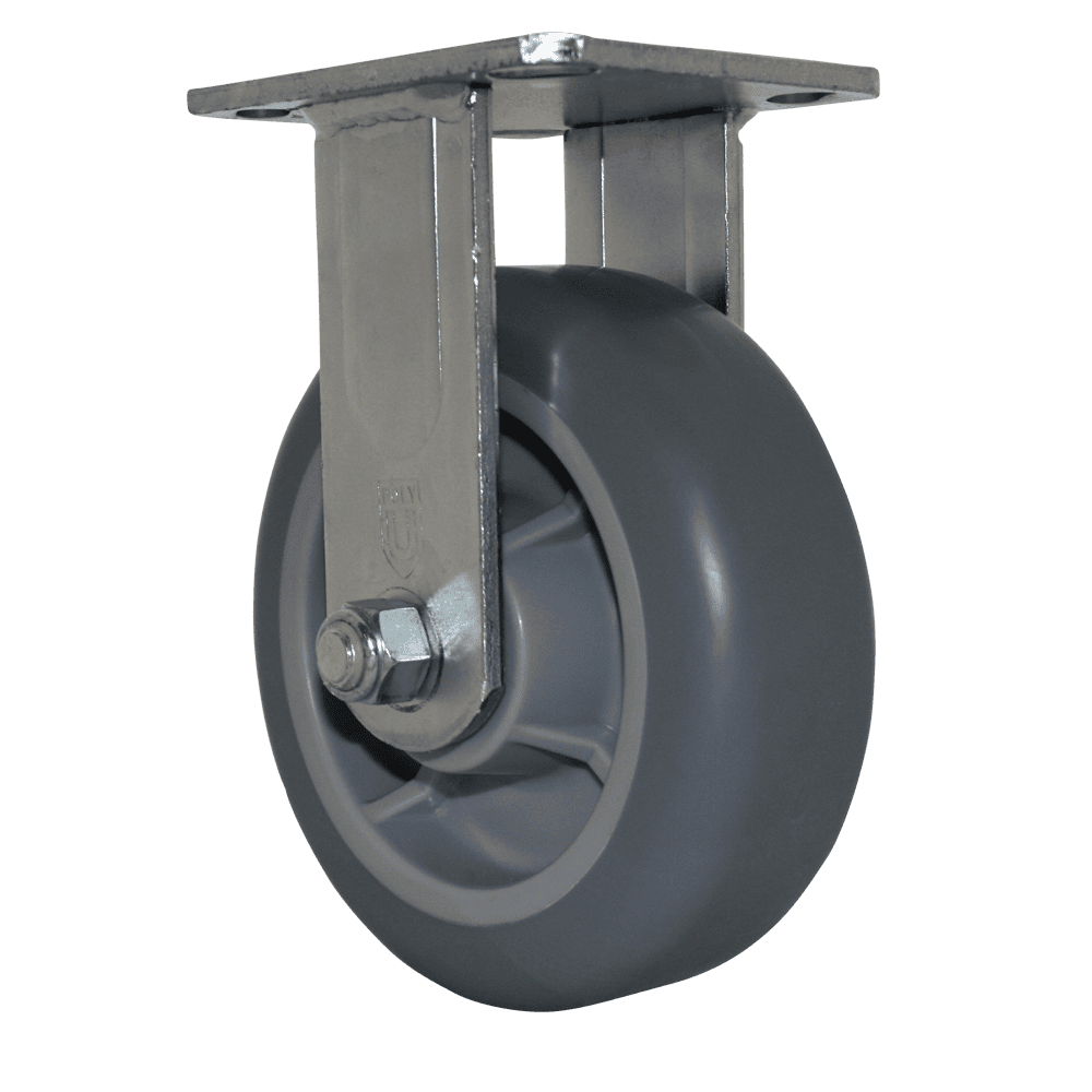 Quality industrial caster wheel with durable gray rubber tire and metal mounting plate. Perfect for.