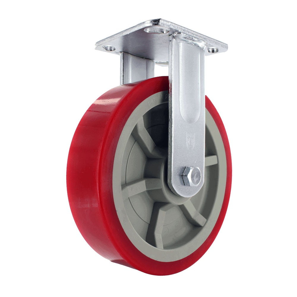 Heavy duty caster wheel with red polyurethane tread and gray core for durable mobility solutions.