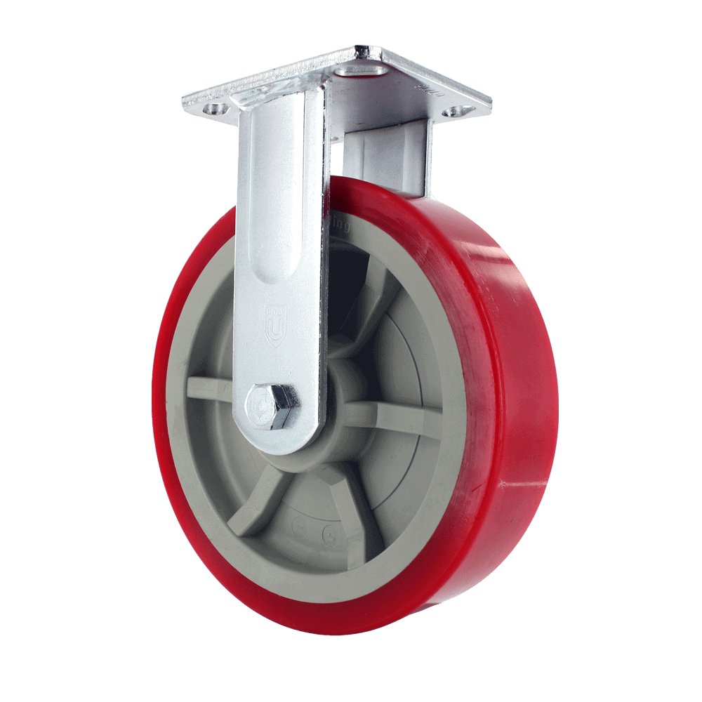 Quality industrial caster wheel with red polyurethane tread and durable metal mounting plate.