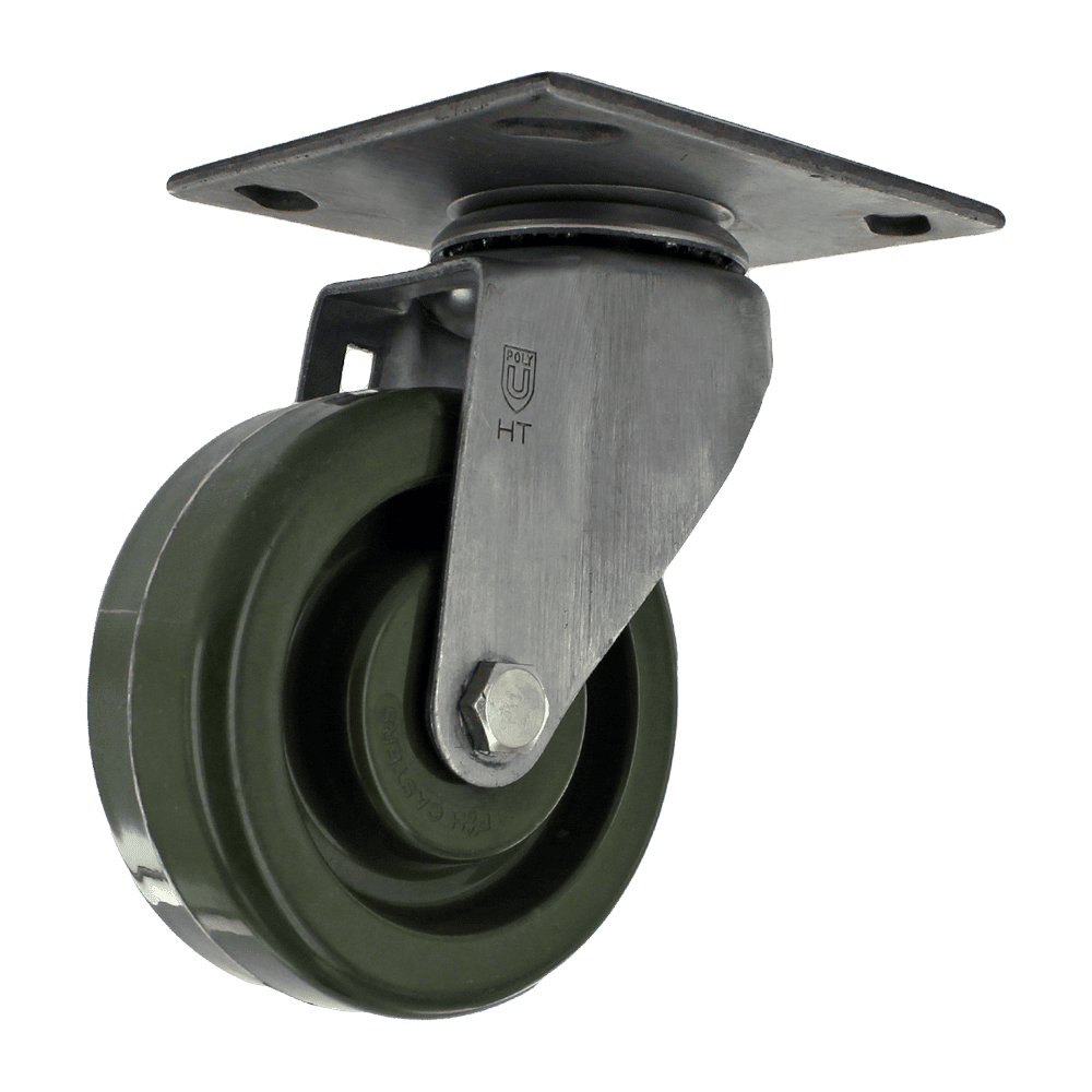 Industrial caster wheel with durable green rubber tire and metal mounting plate.