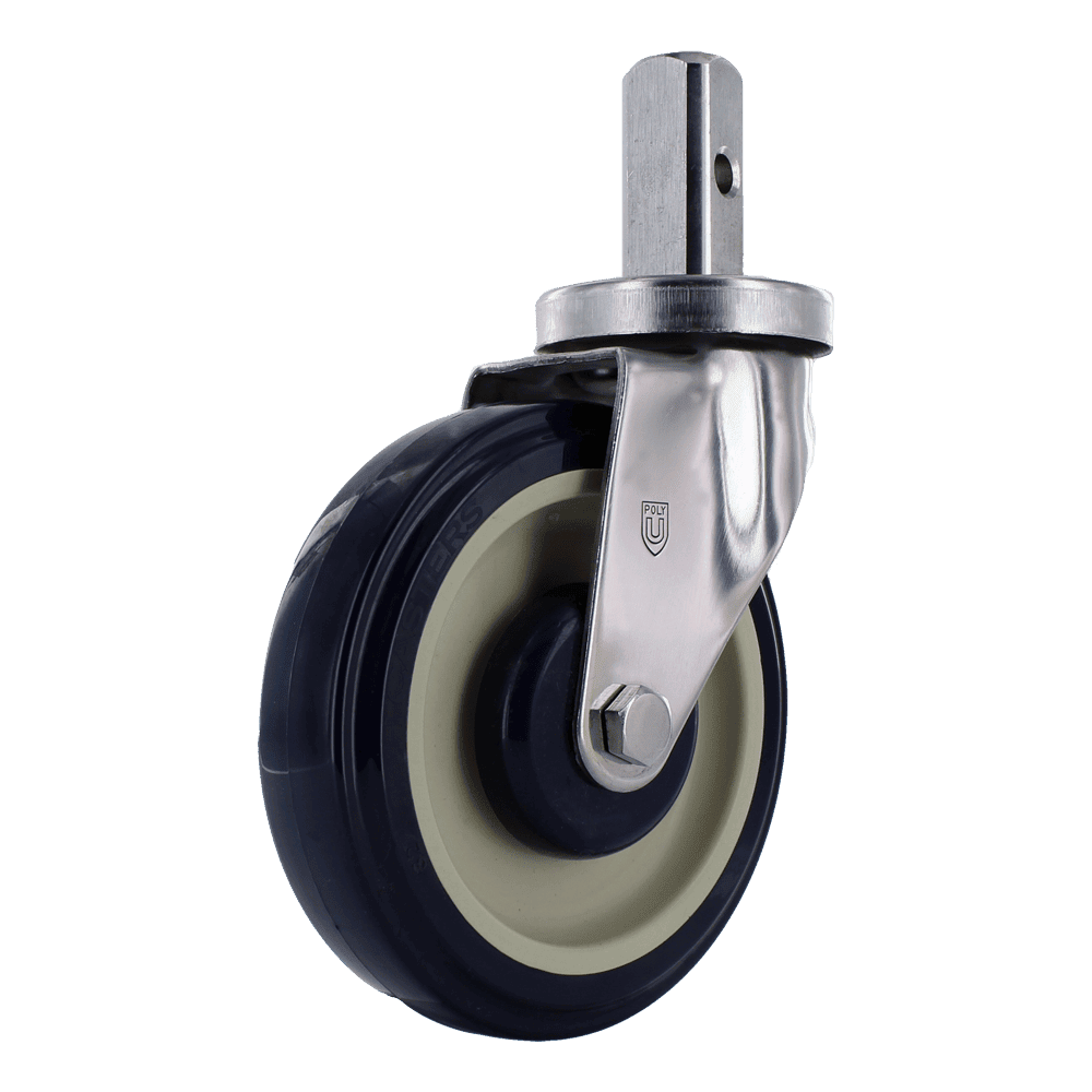 Industrial caster wheel with durable polyurethane tread and metal mounting plate.
