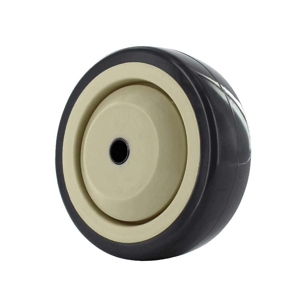 Durable black and beige caster wheel ideal for heavy loads and smooth mobility.