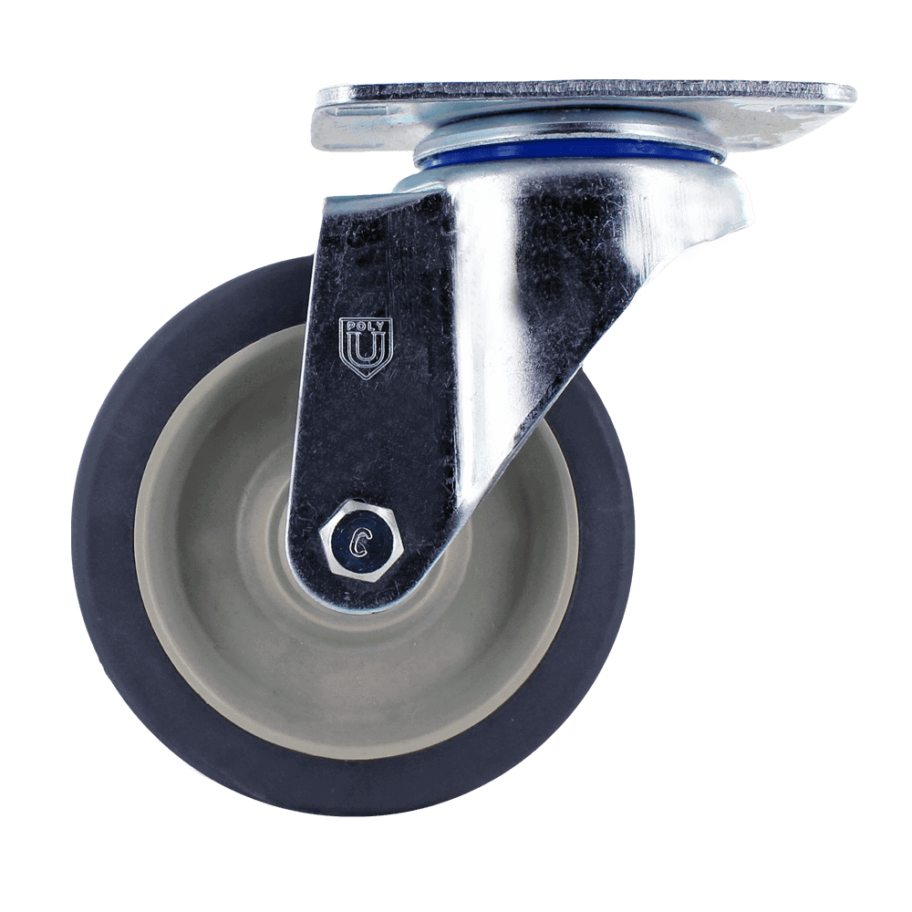 Industrial caster wheel with durable polyurethane tread and metal mounting plate.