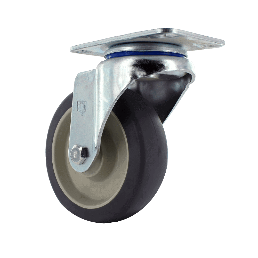 Industrial caster wheel with durable rubber tire and metal mounting plate.
