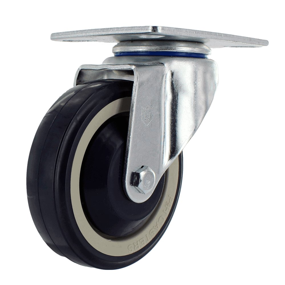 Industrial caster wheel with durable rubber tire and metal mounting plate for heavy loads.