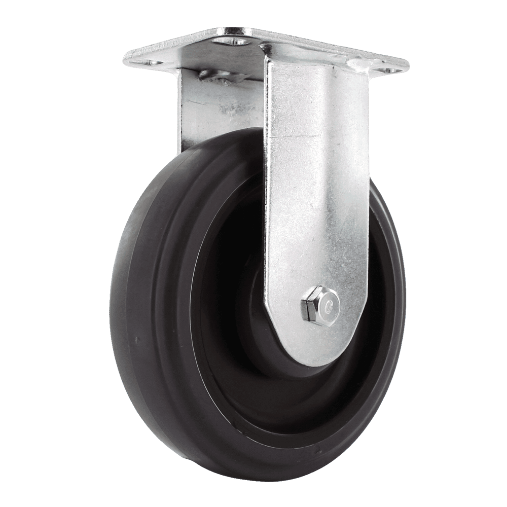 Industrial caster wheel with durable rubber tire and metal mounting plate.