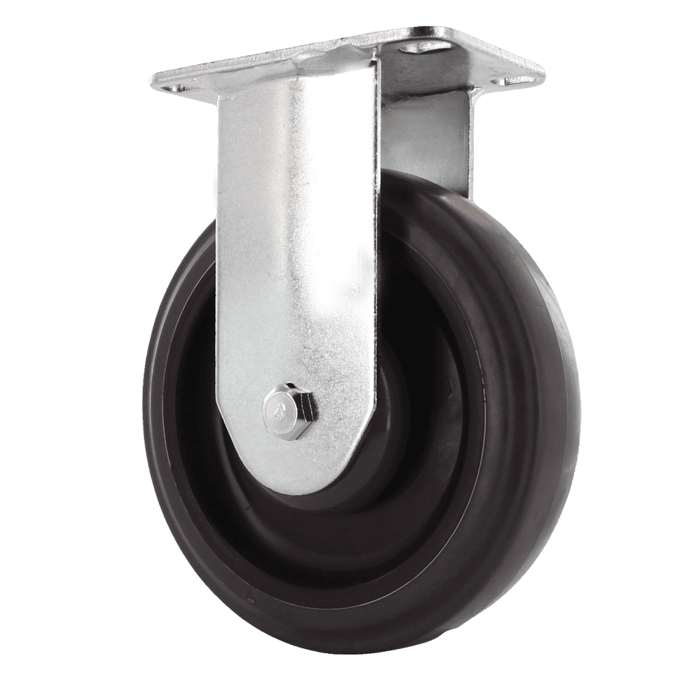 Industrial caster wheel with durable rubber tire and metal mounting plate for heavy loads.