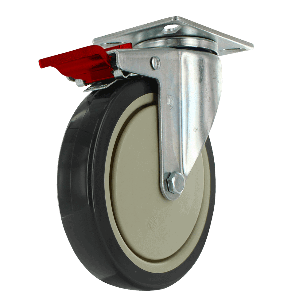 Industrial caster wheel with brake for heavy machinery and furniture.