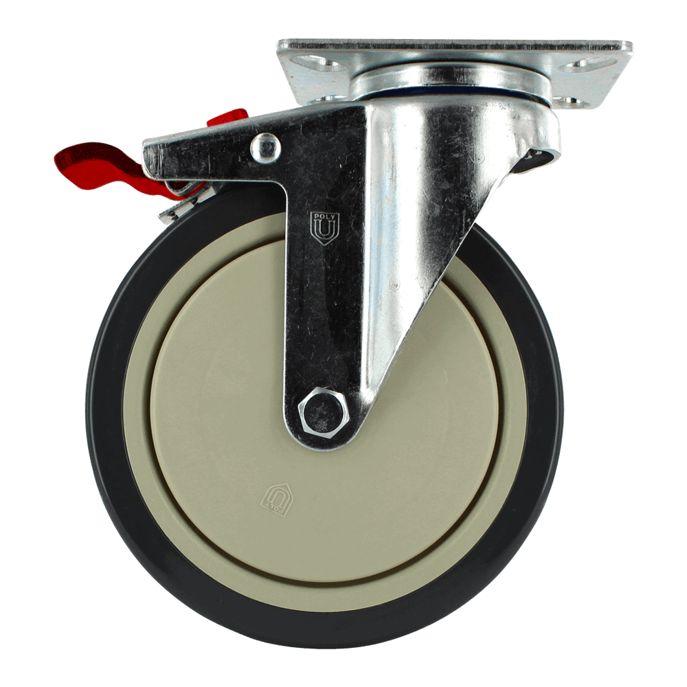 Industrial caster wheel with brake for heavy equipment mobility.