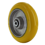 Duty yellow caster wheel with metal core for durable industrial applications.