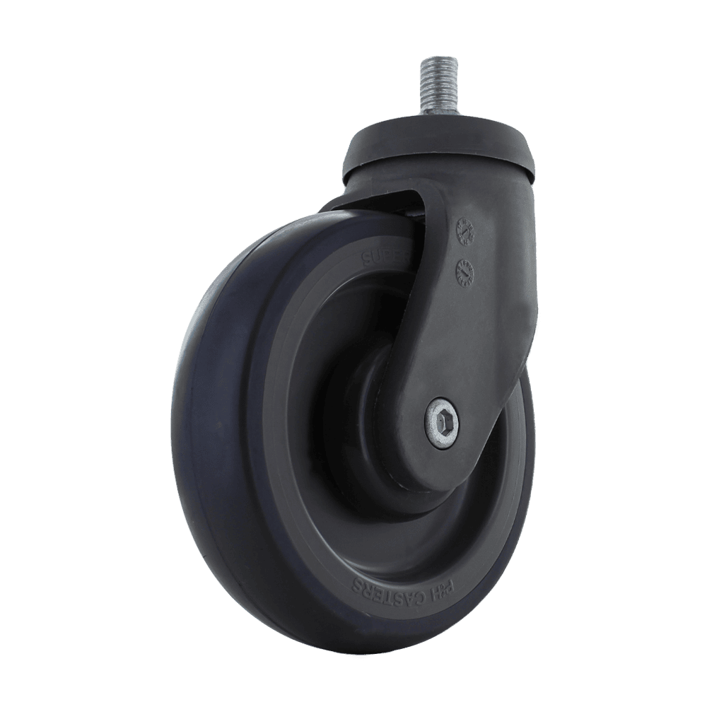 Industrial caster wheel with durable rubber tire and metal mounting stem.