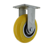 Industrial caster wheel with yellow polyurethane tire and metal mounting plate.
