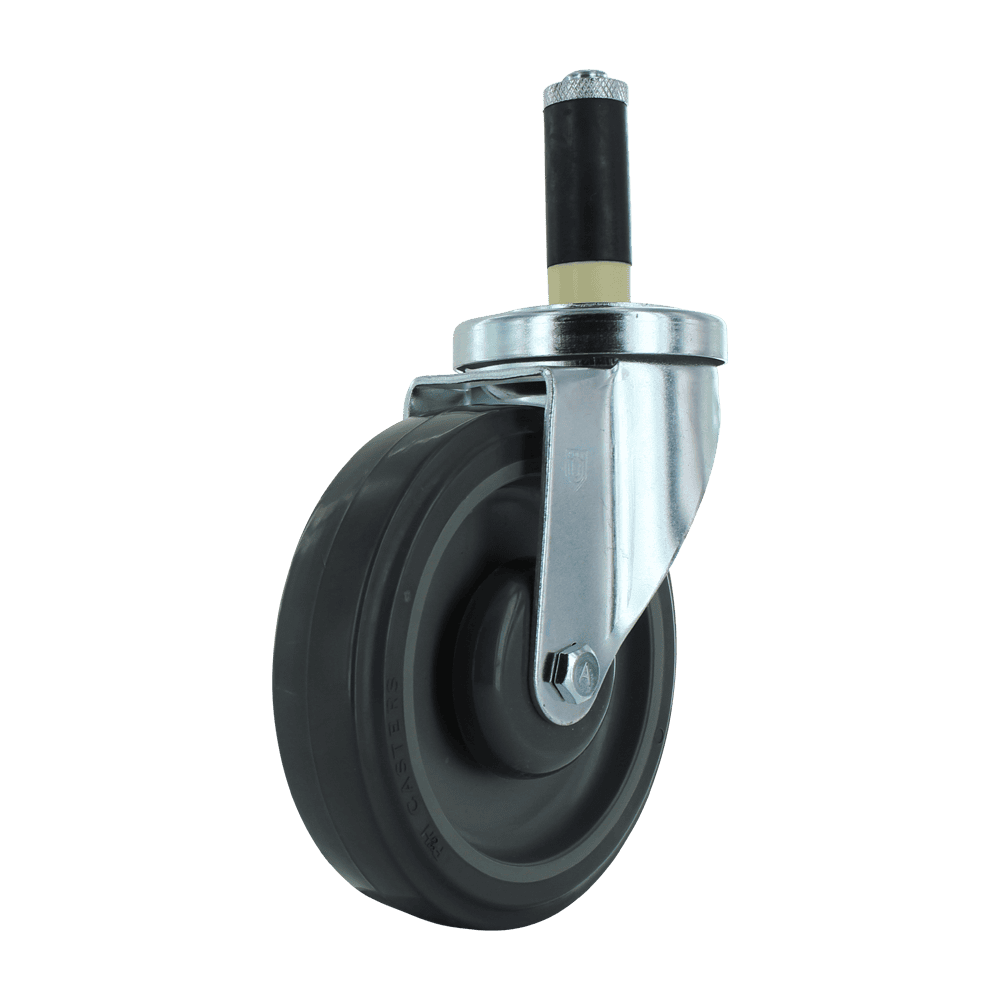 Duty caster wheel with durable rubber tire and metal mounting plate for industrial applications.