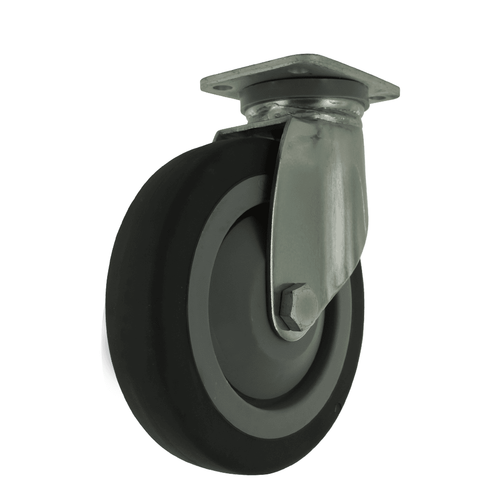 Industrial caster wheel with durable rubber tire and metal mounting plate for heavy-duty application.