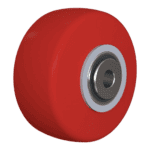 Red industrial caster wheel with bearing for heavy-duty applications.