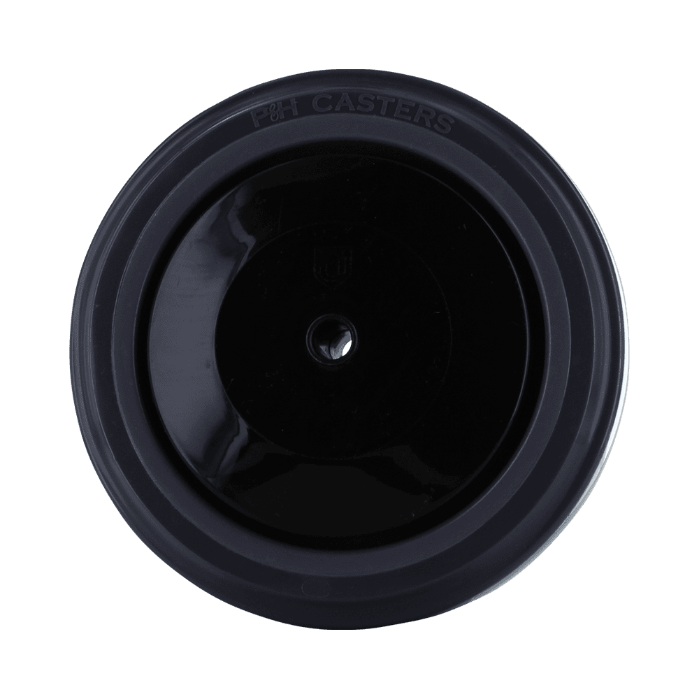 Black caster wheel for furniture and equipment.