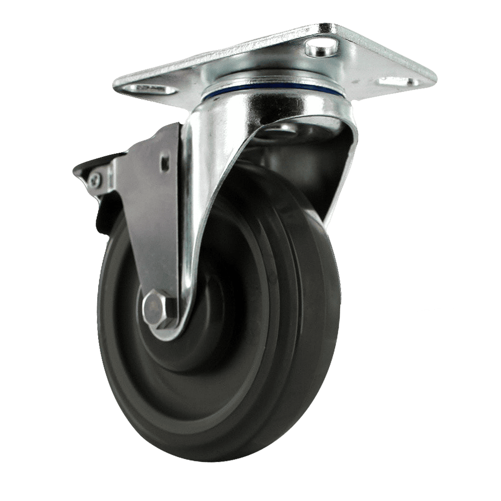 Industrial caster wheel with durable rubber tire and metal mounting plate.