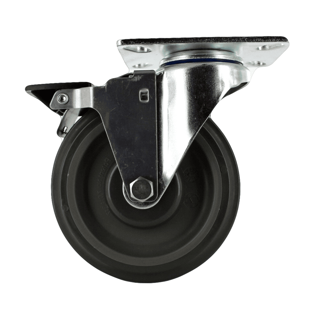 Industrial caster wheel with durable rubber tire and metal mounting plate.