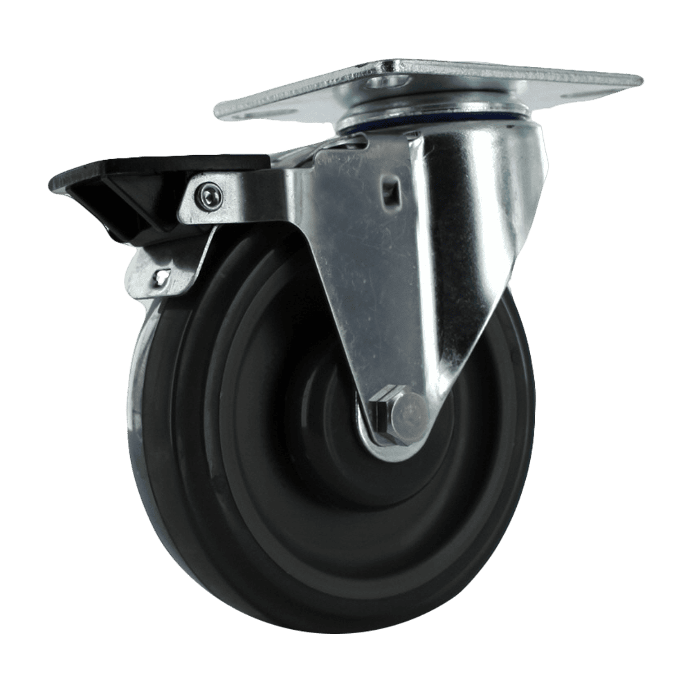 Quality industrial caster wheel with durable metal frame and rubber tire.