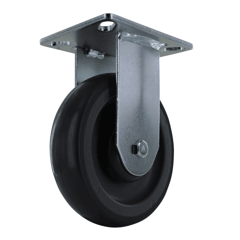 Industrial caster wheel with durable metal mounting plate and rubber wheel for smooth movement.