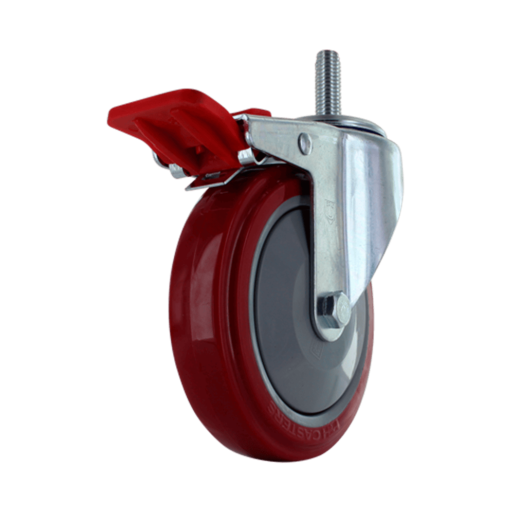 Red caster wheel with locking brake, ideal for industrial carts and machinery.