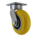 Industrial caster wheel with yellow polyurethane tire and metal mounting plate.