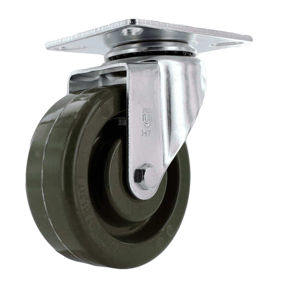 Industrial caster wheel with durable rubber tire and metal mounting plate.