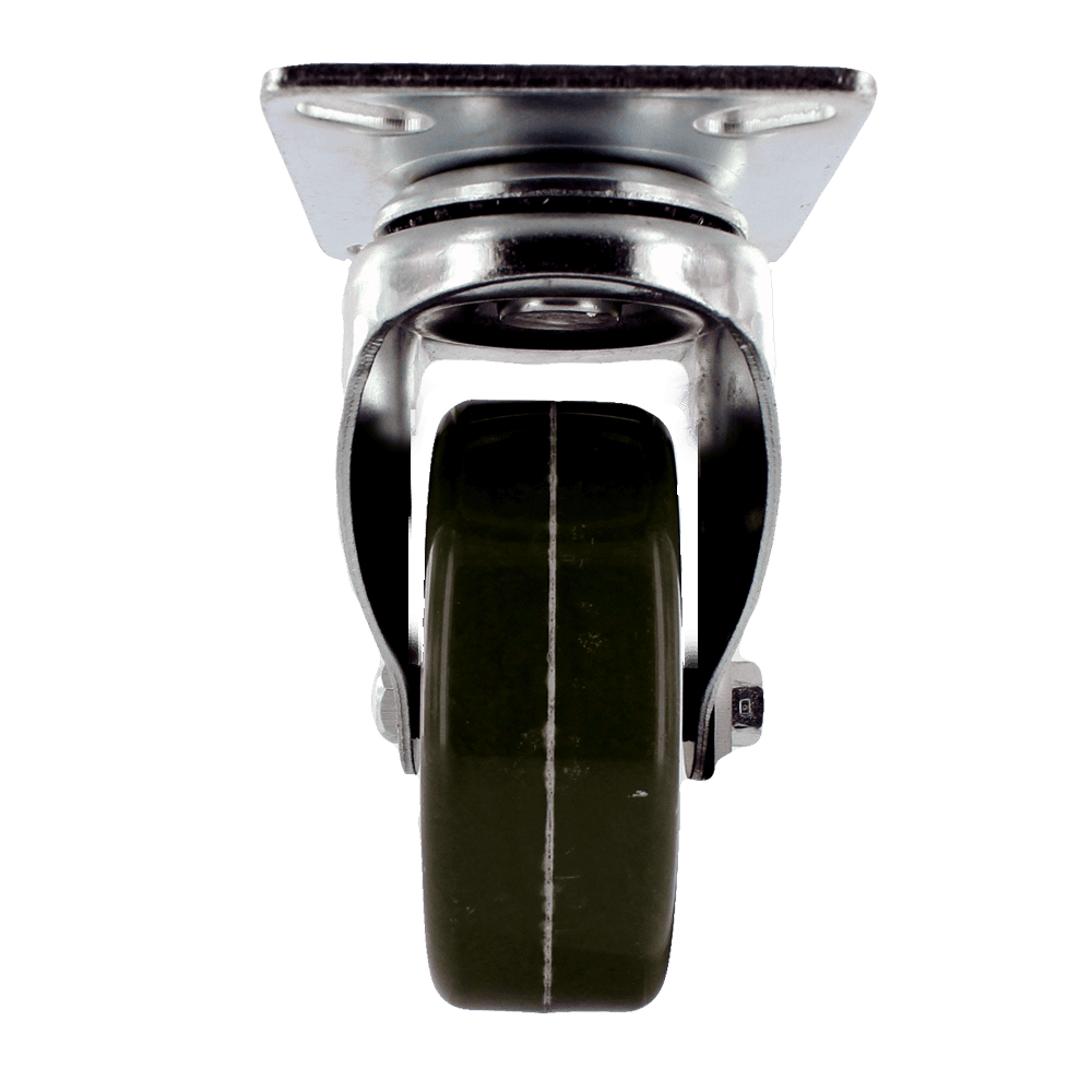 Industrial caster wheel with durable green rubber tire and metal mounting plate.