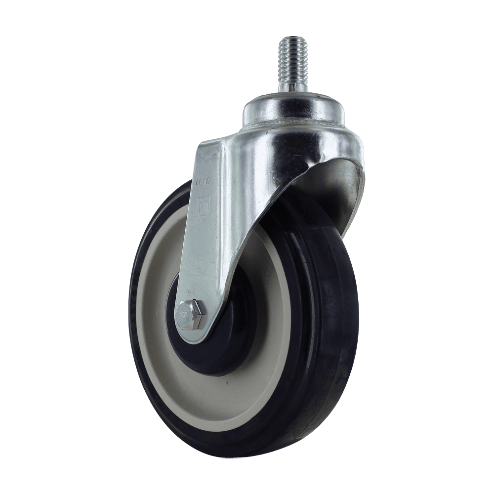 Heavy duty caster wheel with durable rubber tire and metal mounting plate for industrial application.