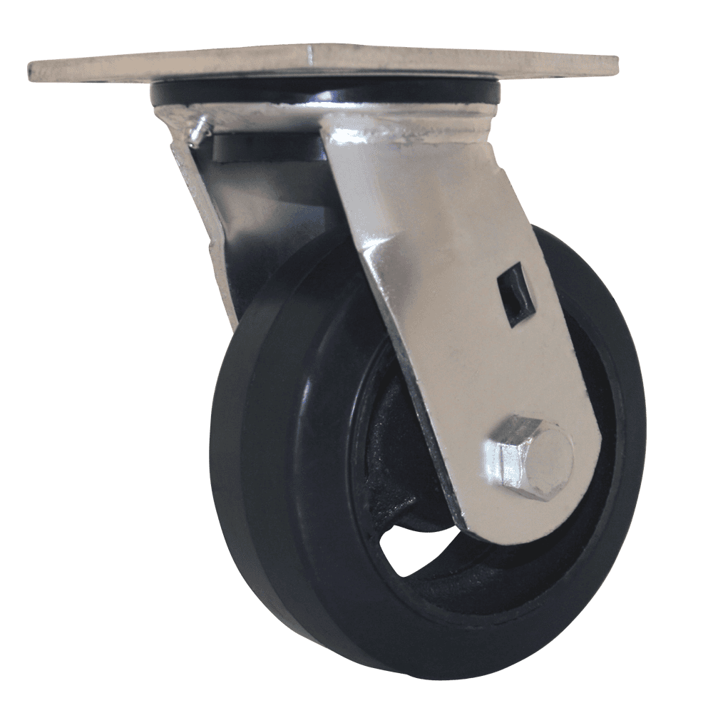 Industrial caster wheel with durable rubber tire and metal mounting plate.