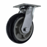 Industrial caster wheel with durable rubber tire and metal mounting plate.