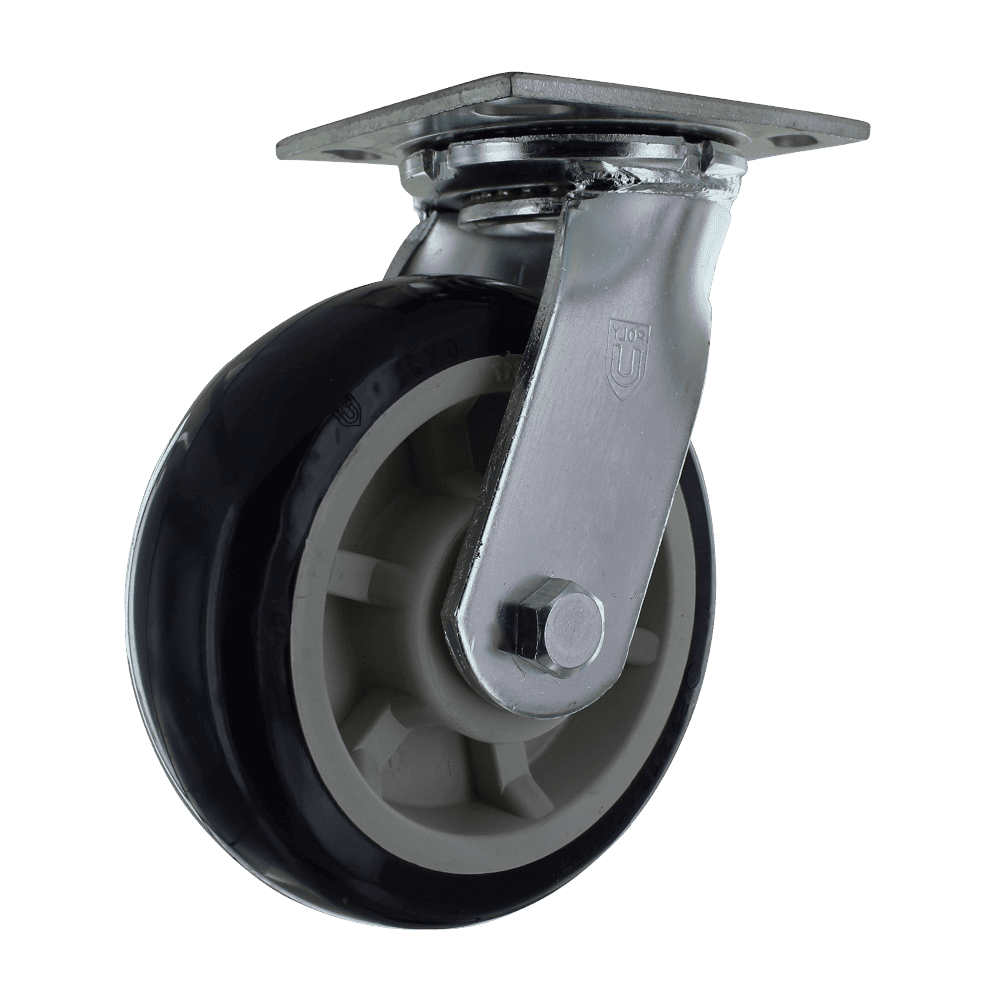 Industrial caster wheel with durable rubber tire and metal mounting plate.