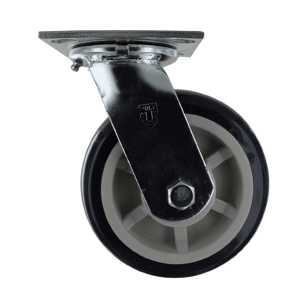 Industrial caster wheel with durable rubber tire and metal mounting plate.