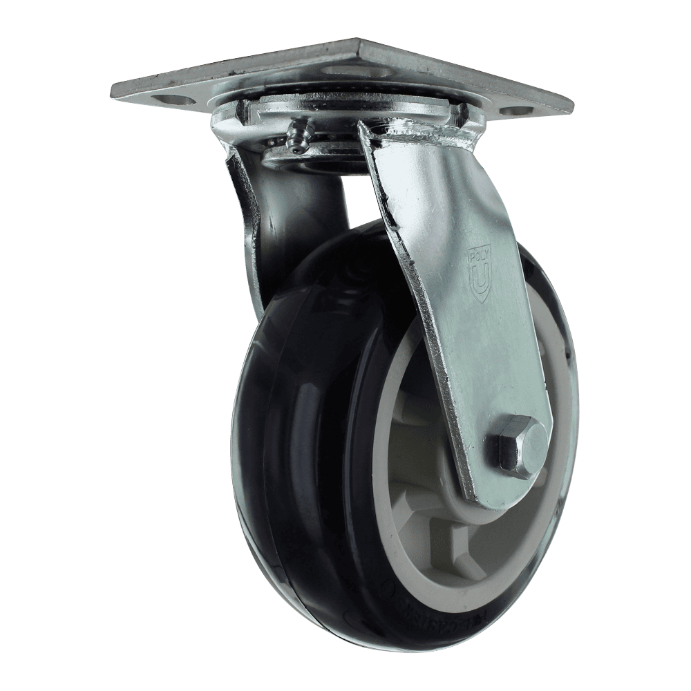 Industrial caster wheel with durable rubber tire and metal mounting plate.