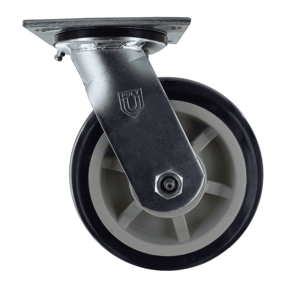Industrial caster wheel with durable polyurethane tread and metal mounting plate.
