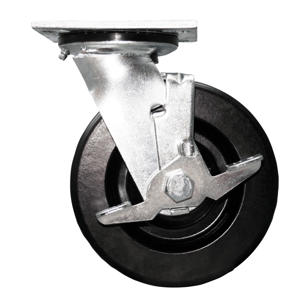 Industrial caster wheel with durable rubber tire and metal mounting plate.