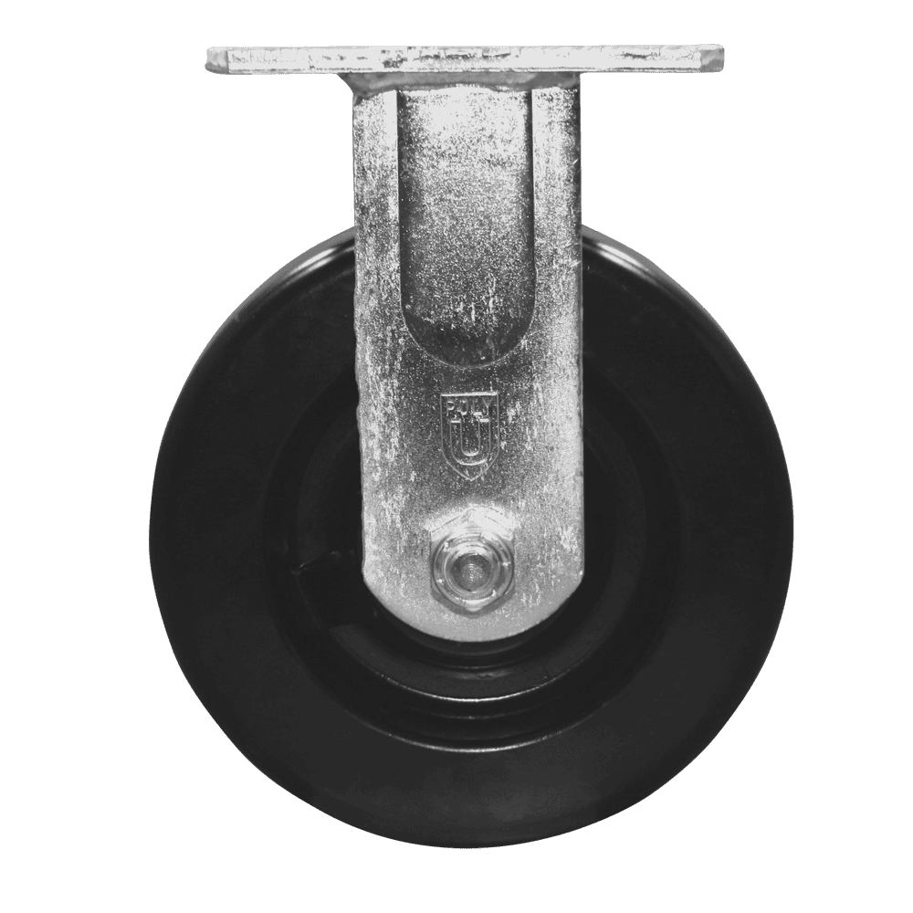 Industrial caster wheel with durable metal frame and rubber tire for smooth movement.