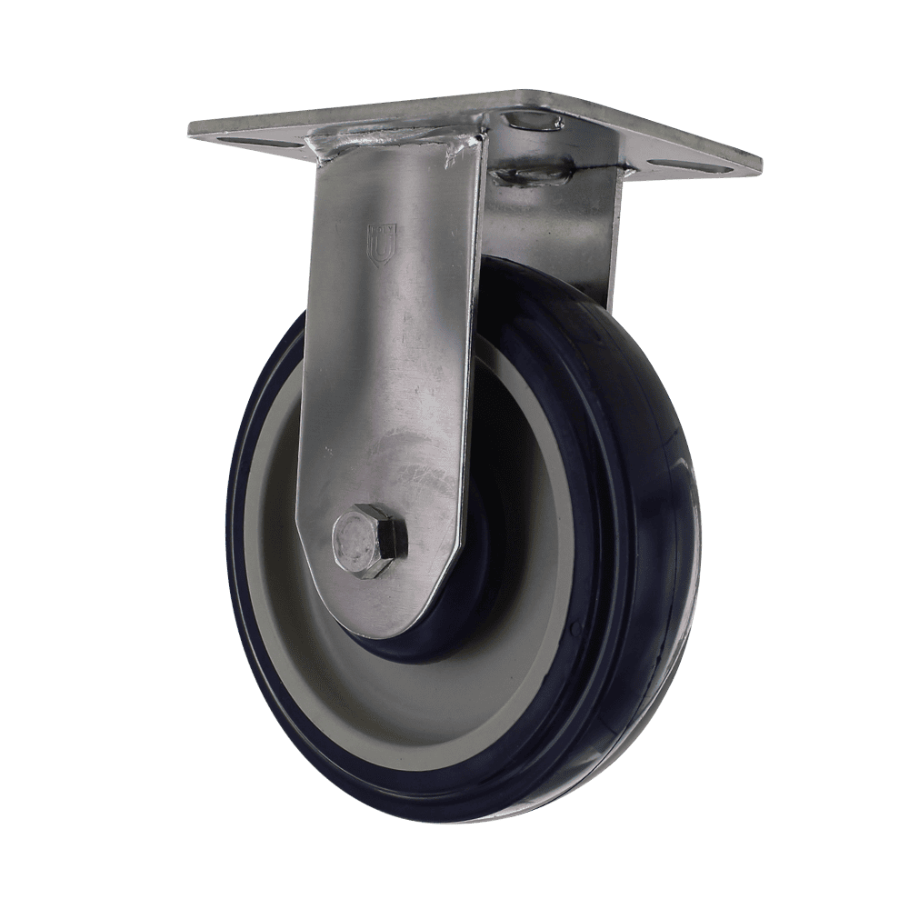 Industrial caster wheel with durable rubber tire and metal mounting plate.