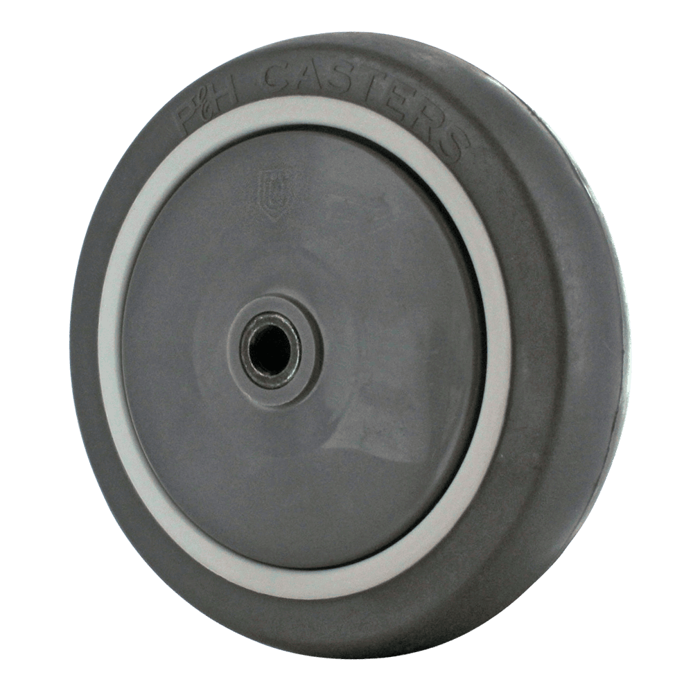 Quality grey caster wheel with durable rubber tire and white hub.
